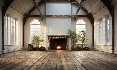 Empty white room with wooden flooring