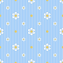 In this seamless pattern, large white flowers and yellow pollens are interspersed with smaller ones. A background with pastel blue vertical stripes alternating light and dark colors.