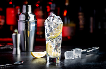 Vodka tonic alcoholic cocktail drink with cold vodka, lemon juice, bitter tonic and ice cubes....