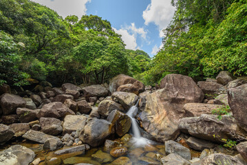 mountain river in the forest with waterfall