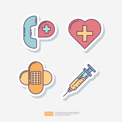 Obraz premium Emergency medical call support, heart health care, adhesive plaster, syringe injection. Medical and health sticker set icon. Vector Illustration