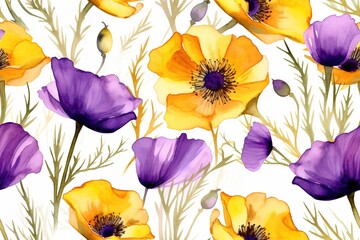 yellow purple flowers watercolor seamless patterns.exotic floral pattern wallpaper texture. Generative AI