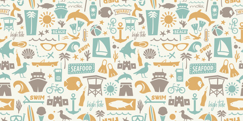 Seamless Beach Wallpaper | Repeating Coastal Pattern | Summer Vacation Background |  Retro Travel Illustration | Family Vacation Design | Nautical Icons