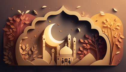 Free ramadan Kareem illustration in paper style. Generative AI.