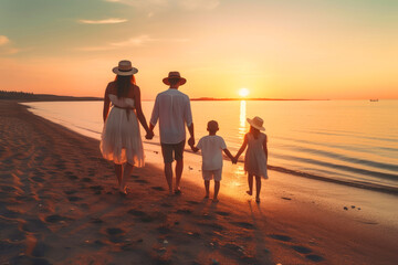 Fototapeta premium Parents are holding hands their children and walking on the beach at sunset. Generative AI