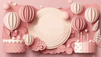 Pink birthday greeting card background in paper cut style. Generative AI.