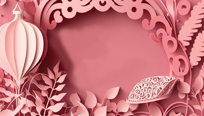 Pink birthday greeting card background in paper cut style. Generative AI.