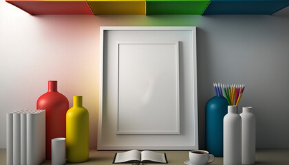 White blank poster on a wall with blank frame mockup. Generative AI.