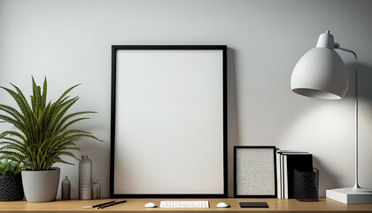 White poster on a wall with blank frame mockup. Generative AI.