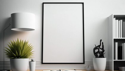 White poster on a wall with blank frame mockup. Generative AI.
