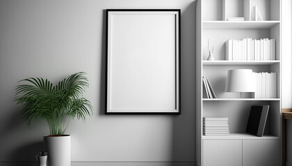 White poster on a wall with blank frame mockup. Generative AI.