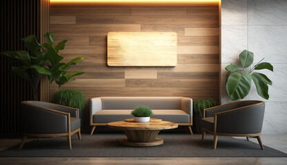 3d realistic logo mockup in modern office lobby. Generative AI.