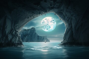 Moon as portal to another world amidst surreal seascape. Generative AI