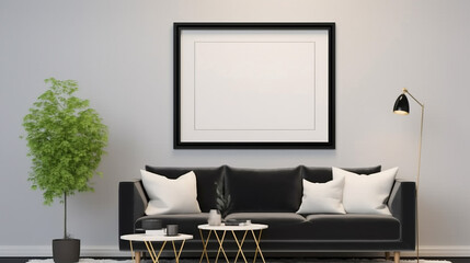 Frame mockup in cozy living room interior 3d render. Generative AI.