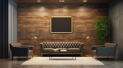 Office wooden lobby waiting room for company wall logo. Generative AI.