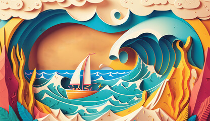 Riding the Waves A Bright and Breezy Beach Illustrate. Generative AI.