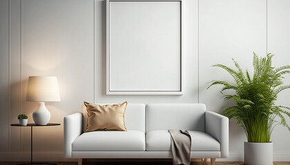 White poster on a wall with blank frame mockup. Generative AI.