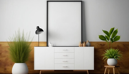 White poster on cabinet floor with blank frame mock-up. Generative AI.