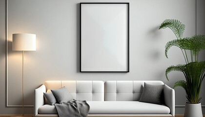 White poster on a wall with blank frame mockup. Generative AI.