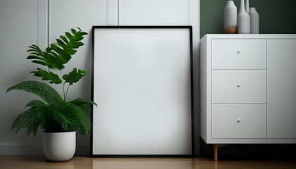 White poster on cabinet floor with blank frame mock-up. Generative AI.