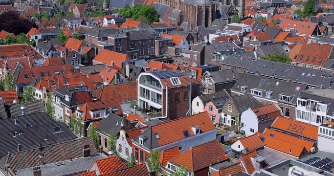 Aerial view of typical colorful Dutch style homes in Delft city centrum, Netherlands.