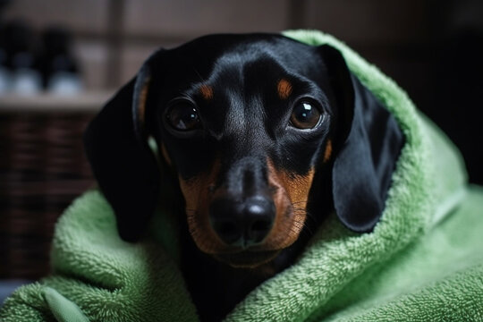 Cachorro Dachshund salsicha preto enrolado na toalha banho petshop molhado cuidado carinho amor tratamento