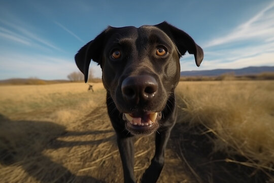 C&atilde;o caminhando na fazenda grande angular pet carinho natureza divers&atilde;o feliz correndo energia carinho amor