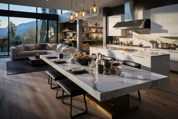 Modern and stylish interior design of a kitchen with a touch of luxury and elegance. Created with generative AI technology.