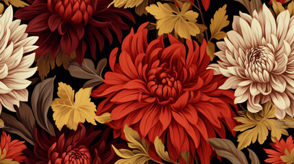 pattern autumn flowers asters, maple leaves, and dahlias