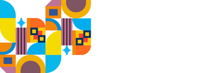 Colorful geometric shape mosaic illustration. Trendy scandinavian style seamless pattern, fun shapes, creative geometry concept design.