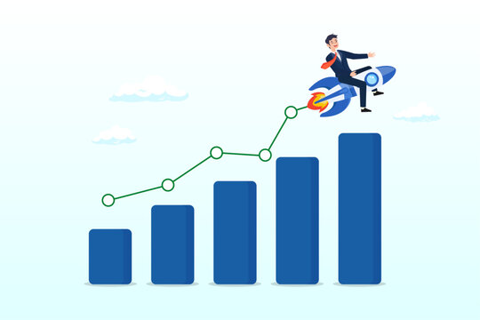 Businessman riding rocket on growth bar graph or rising up revenue chart, business growth, investment profit increase, growing fast or improvement sales and revenue, progress or development (Vector)