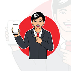 businessman cartoon character holding smartphone and showing blank screen design