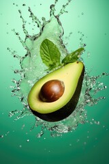 Fresh avocado cut into slices with water drops splash flying in the air. Generative AI