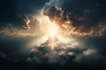 Divine light over clouds signify the final judgment day. Religious theme reckoning concept. Generative AI