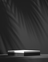 Product podium mockup display with black and white background with tree shadow,summer background,3D render illustration