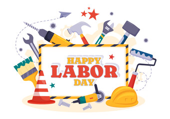Happy Labor Day Vector Illustration with Various Construction Tools for Workers Buildings in Flat Cartoon Hand Drawn Background Templates