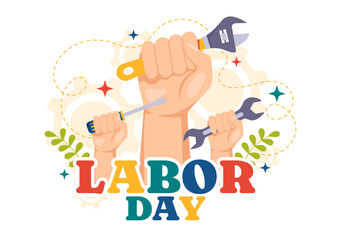Happy Labor Day Vector Illustration with Various Construction Tools for Workers Buildings in Flat Cartoon Hand Drawn Background Templates