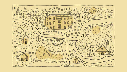 fantasy map freehand sketch doodle village with mountain, frees, roads and houses