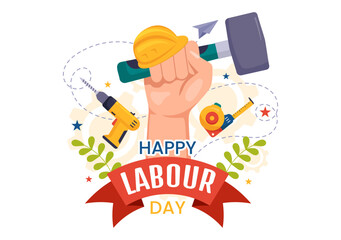 Happy Labor Day Vector Illustration with Various Construction Tools for Workers Buildings in Flat Cartoon Hand Drawn Background Templates