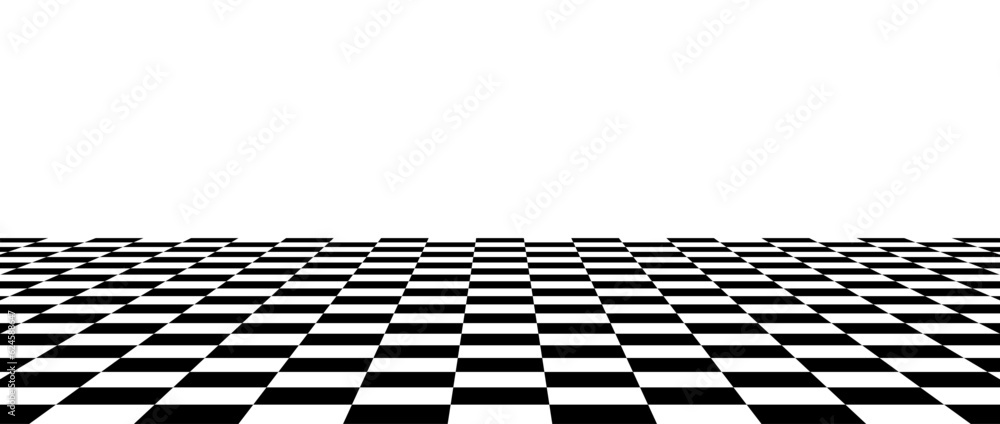 Poster Black and white checkered tile floor in perspective. Abstract checkerboard texture landscape. Horizontal chessboard plane surface. Empty room background. Vector illustration