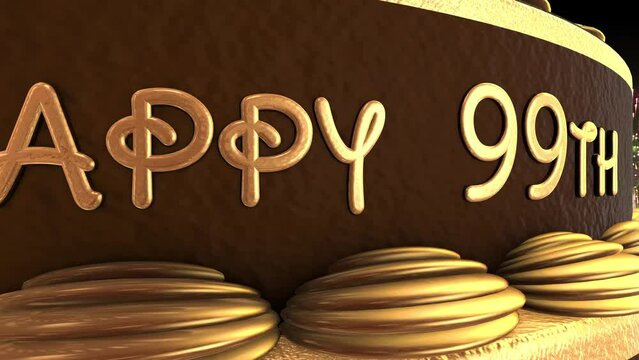 99th birthday cake animation 3d render in chocolate gold with confetti and balloon background. 4k
