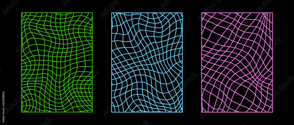 Poster set of distorted wireframe backgrounds. abstract neon colored wavy checkerboard wallpapers collectio