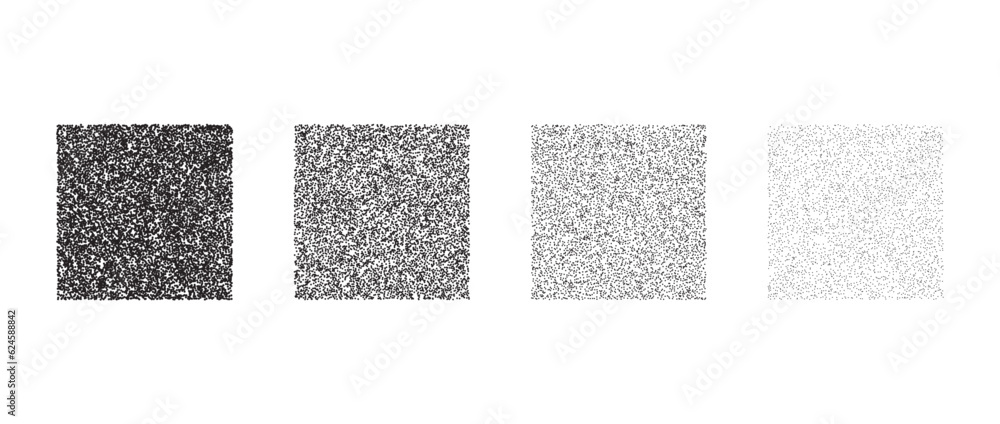 Poster Set of stippled square texture. Black dotted gritty rectangle element collection. Noise grain dot work cube shapes. Half tones and shadows effect illustration bundle. Vector pack