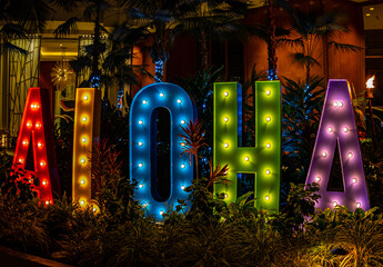 Illuminated Aloha Sign in Hotel Lobby, Kaanapali, Maui, Hawaii, USA