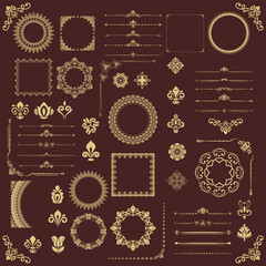 Vintage set of vector golden horizontal, square and round elements. Elements for backgrounds and frames. Classic patterns. Set of vintage patterns