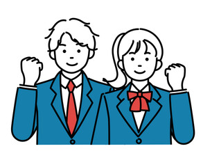 ガッツポーズをする男女の学生のシンプルイラスト