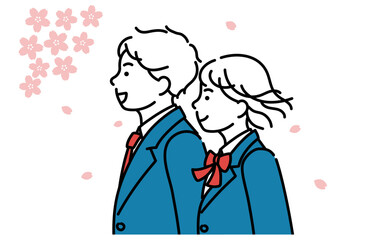 男女の学生の横顔シンプルイラスト　桜の季節