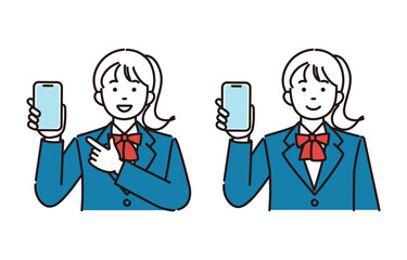 スマホを見せる女子学生のシンプルイラスト　2ポーズセット