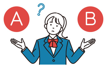 両手を広げて考えている女子学生のシンプルイラスト