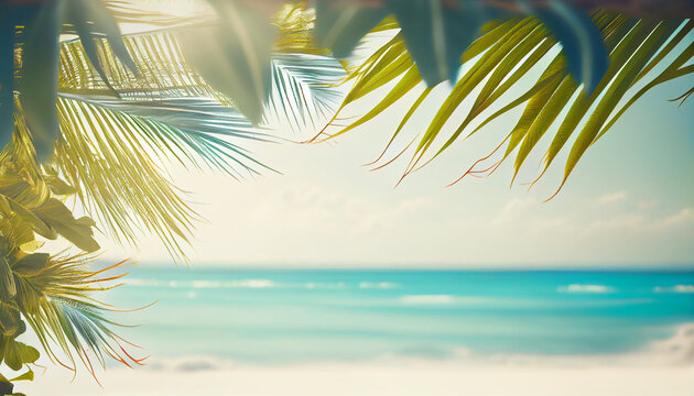 Beautiful summer time banner with tropical palm tree leaves and blurred ocean sandy coast, beach background, palm tree on the beach, Ai generated image